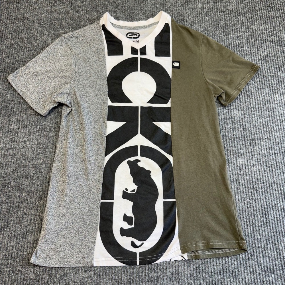 Ecko Unltd Mens Colorblock Rhino Logo T-Shirt Small Gray Olive White Crew Neck